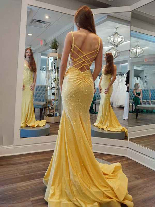 Yellow Mermaid Spaghetti Straps Open Back Beaded Long Prom Dress BMBRIDE