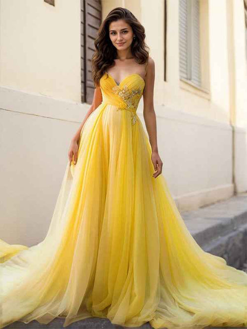 Yellow A Line Strapless Sweetheart Tulle Long Prom Dress BMBRIDE