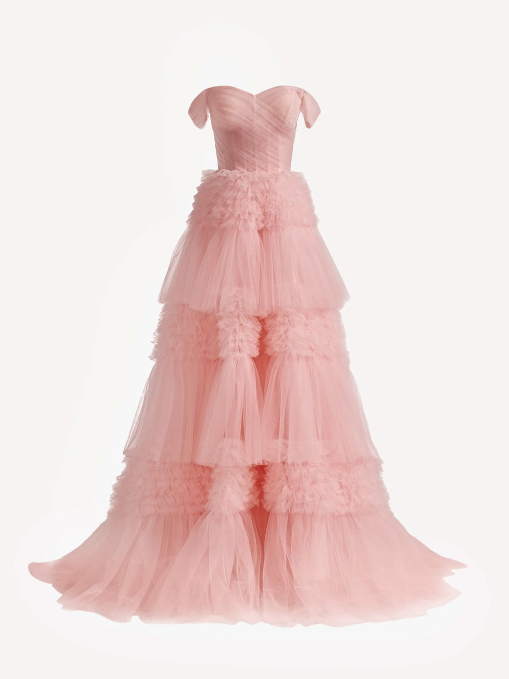 Enchanting Blush Princess A-Line Off Shoulder Ruffled Tulle Prom Dress BM bride