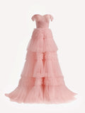 Enchanting Blush Princess A-Line Off Shoulder Ruffled Tulle Prom Dress BM bride