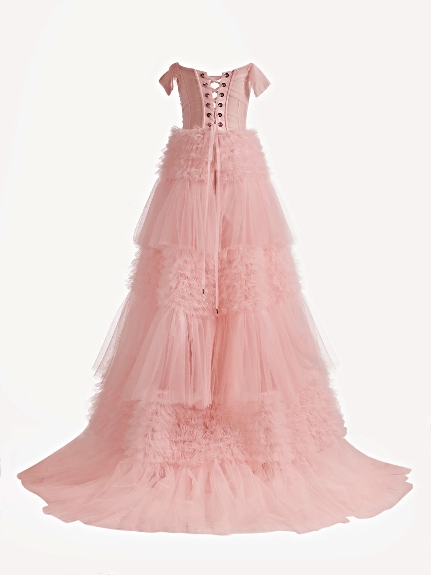Enchanting Blush Princess A-Line Off Shoulder Ruffled Tulle Prom Dress BM bride